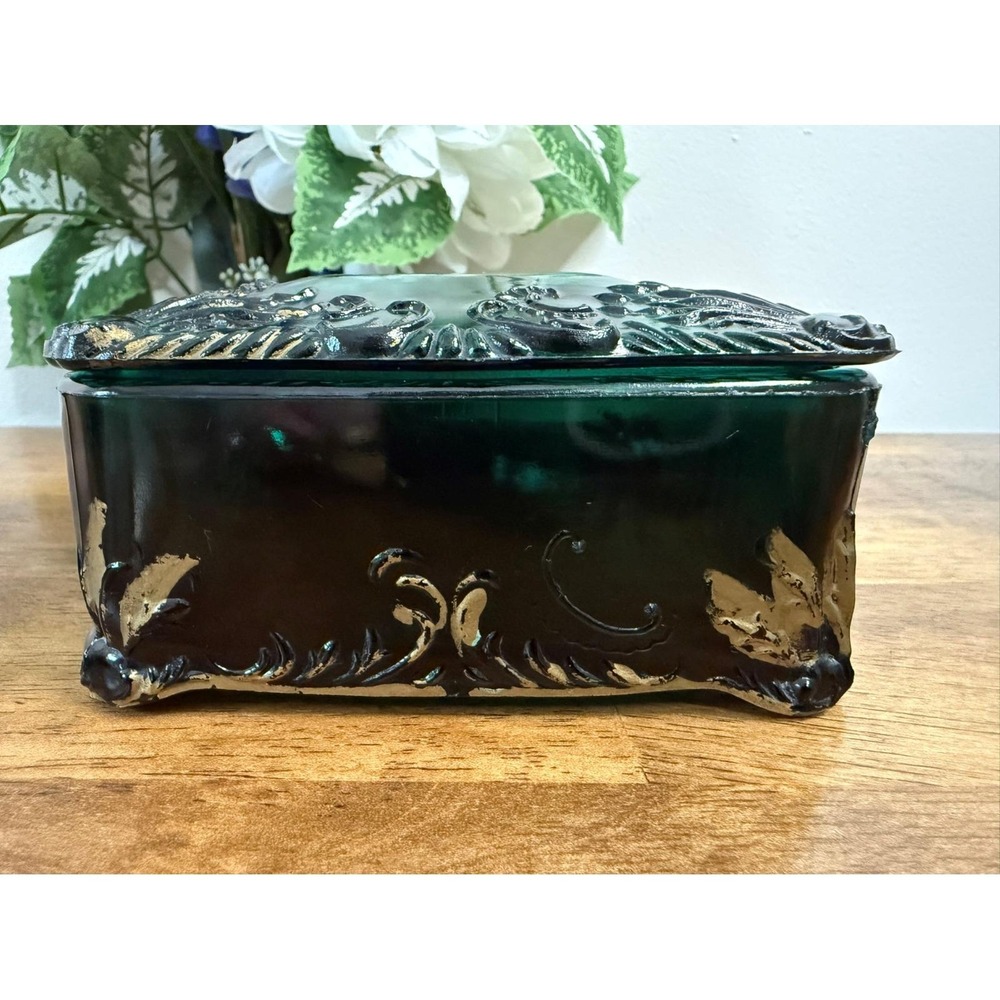 Vintage Victorian Green‎ Glass Trinket Box Lid Hand Painted Embossed Scroll